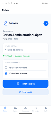 Pantalla de fichaje de la app log4work